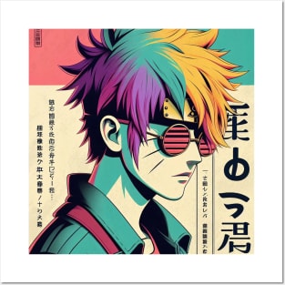 Colorful Hair Japanese Comic Boy with Red Glasses Posters and Art